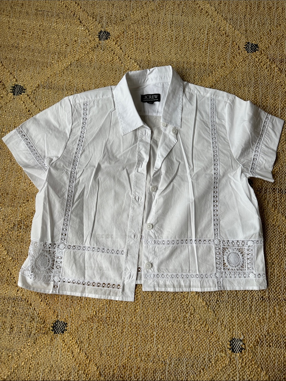 J. Crew White Short Sleeve Eyelet Crochet Button Shirt